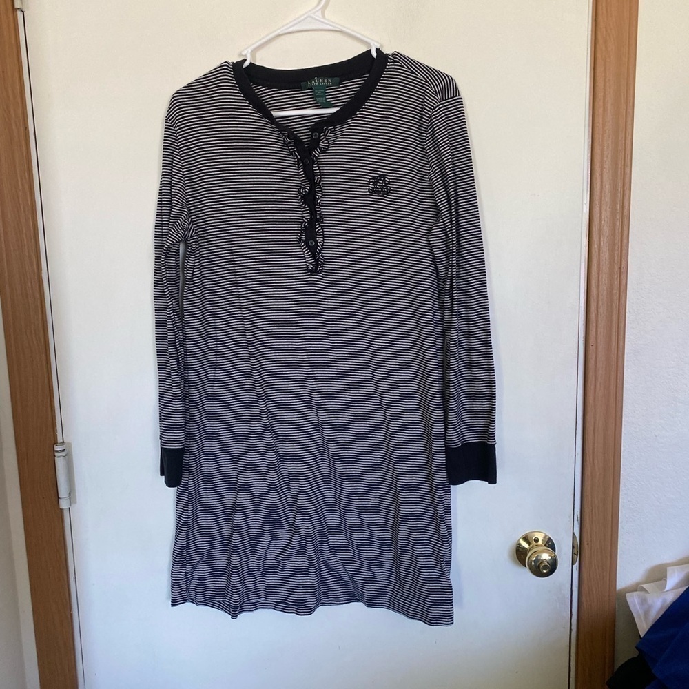 Lauren, by Ralph Lauren, large, black and white striped long sleeve shirt dress